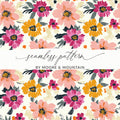 Seamless floral pattern with pink and yellow blossoms on a cream background.