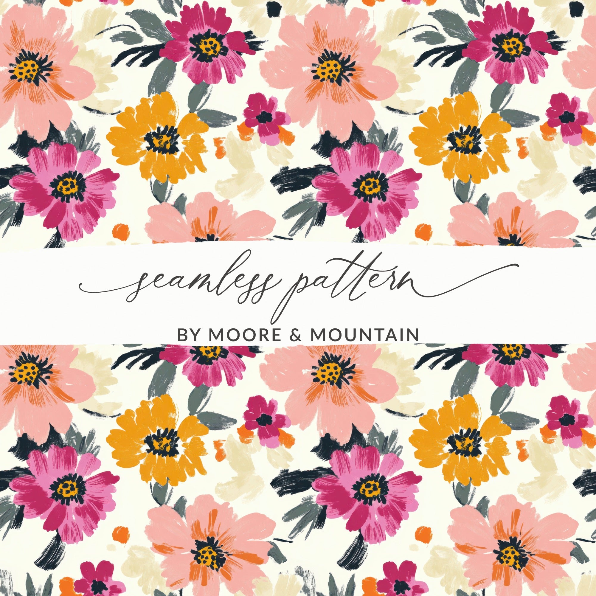 Seamless floral pattern with pink and yellow blossoms on a cream background.