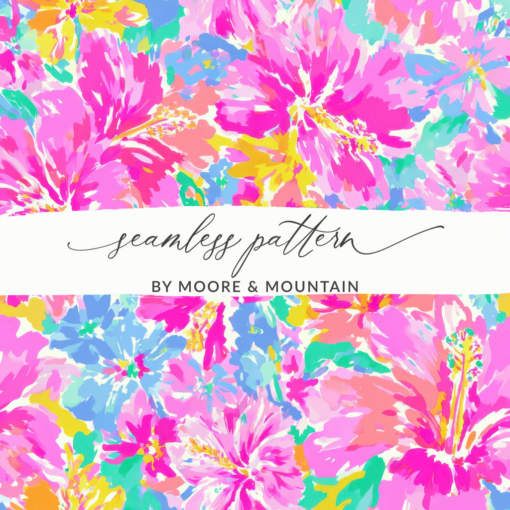 Seamless pattern of colorful hibiscus flowers with "Seamless pattern BY MOORE & MOUNTAIN" text.