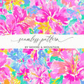 Seamless pattern of colorful hibiscus flowers with "Seamless pattern BY MOORE & MOUNTAIN" text.