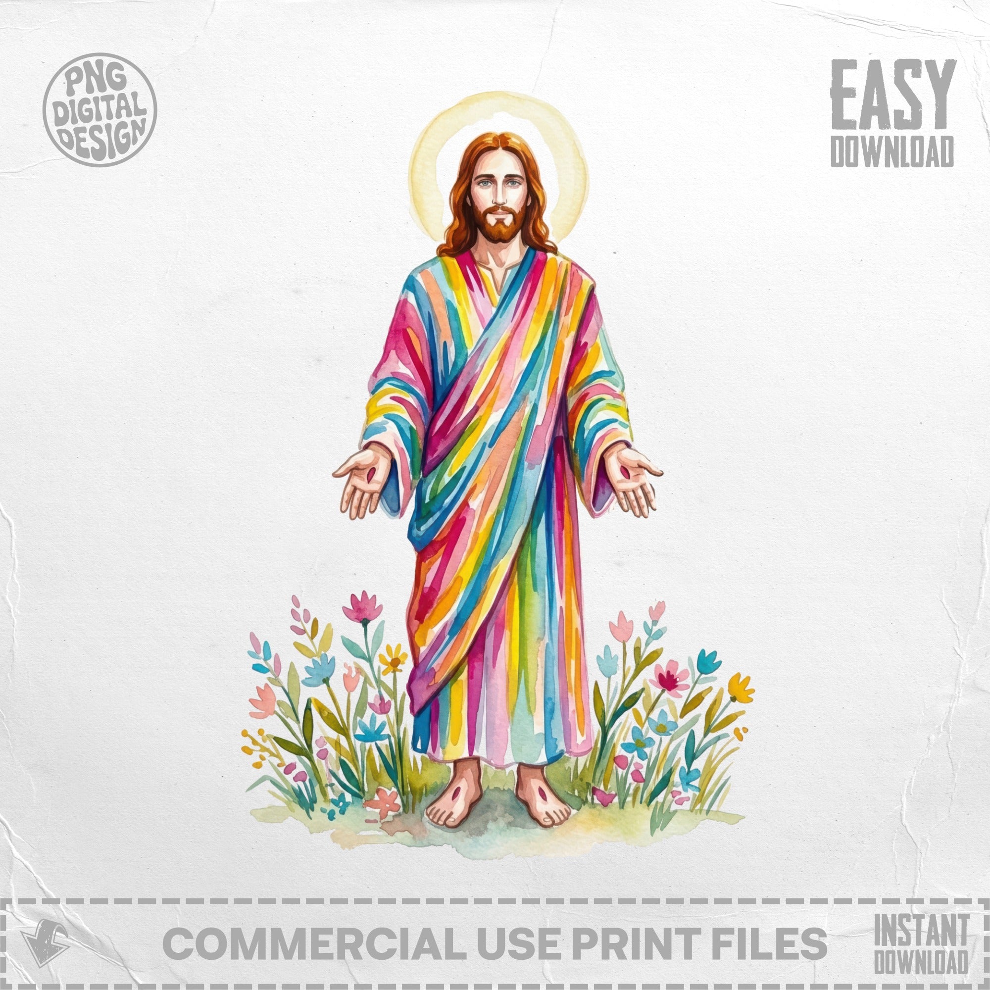 Jesus in colorful robe with halo and outstretched arms, surrounded by flowers.