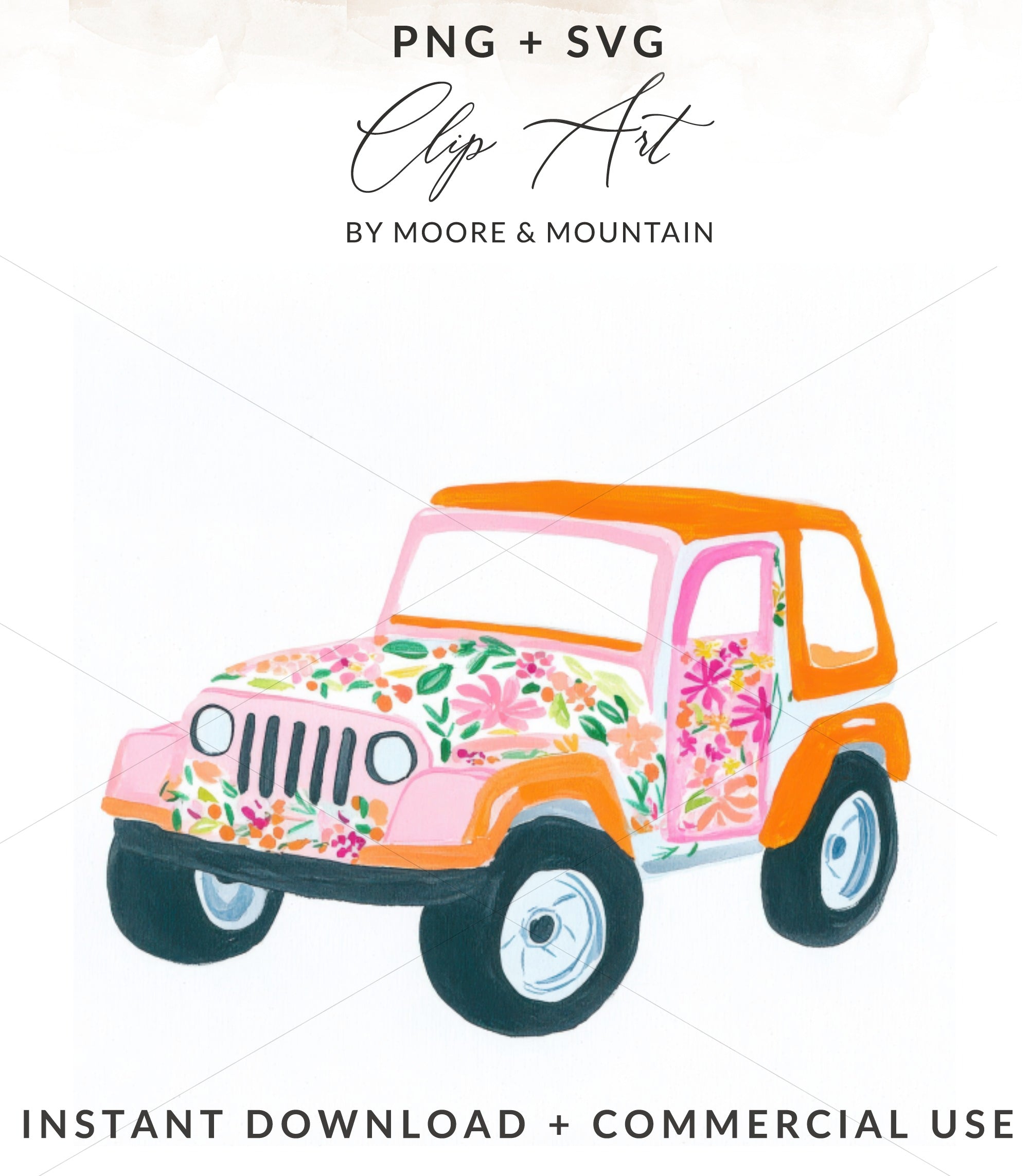 Pink jeep with floral pattern and orange accents.