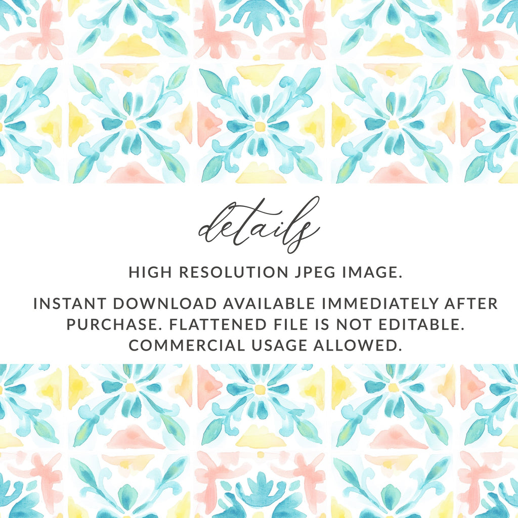 Aqua Yellow Peach Watercolor Tile Pattern Digital product type