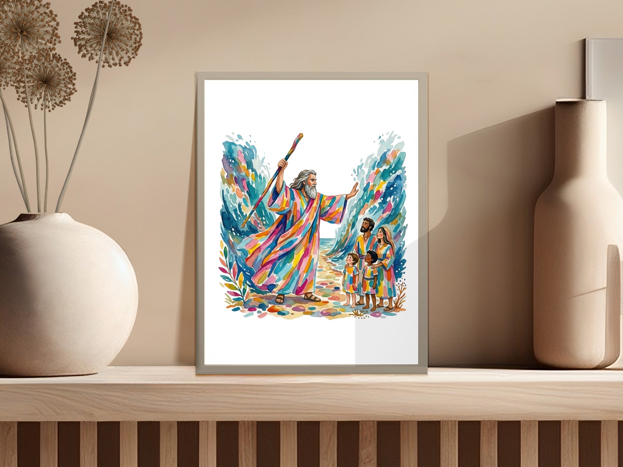 Biblical illustration of Moses parting the Red Sea with a colorful, vibrant style.