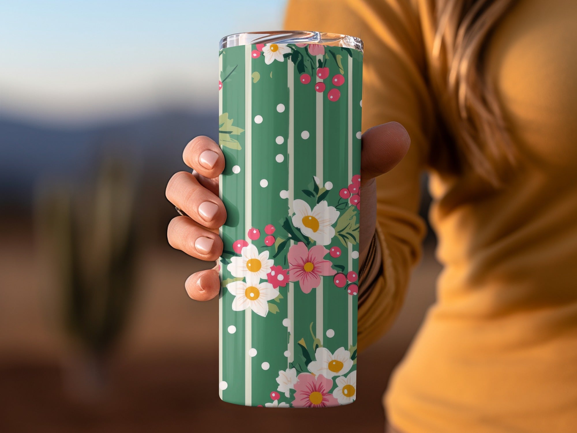 Green Floral Striped Insulated Tumbler Cup