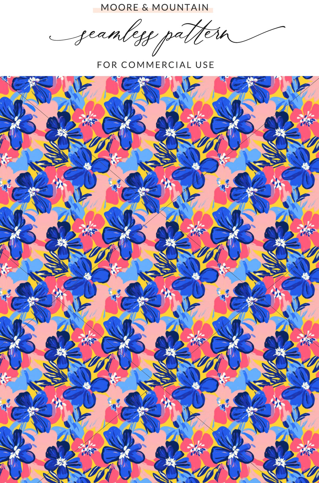 Blue flowers and pink accents on a yellow patterned background.