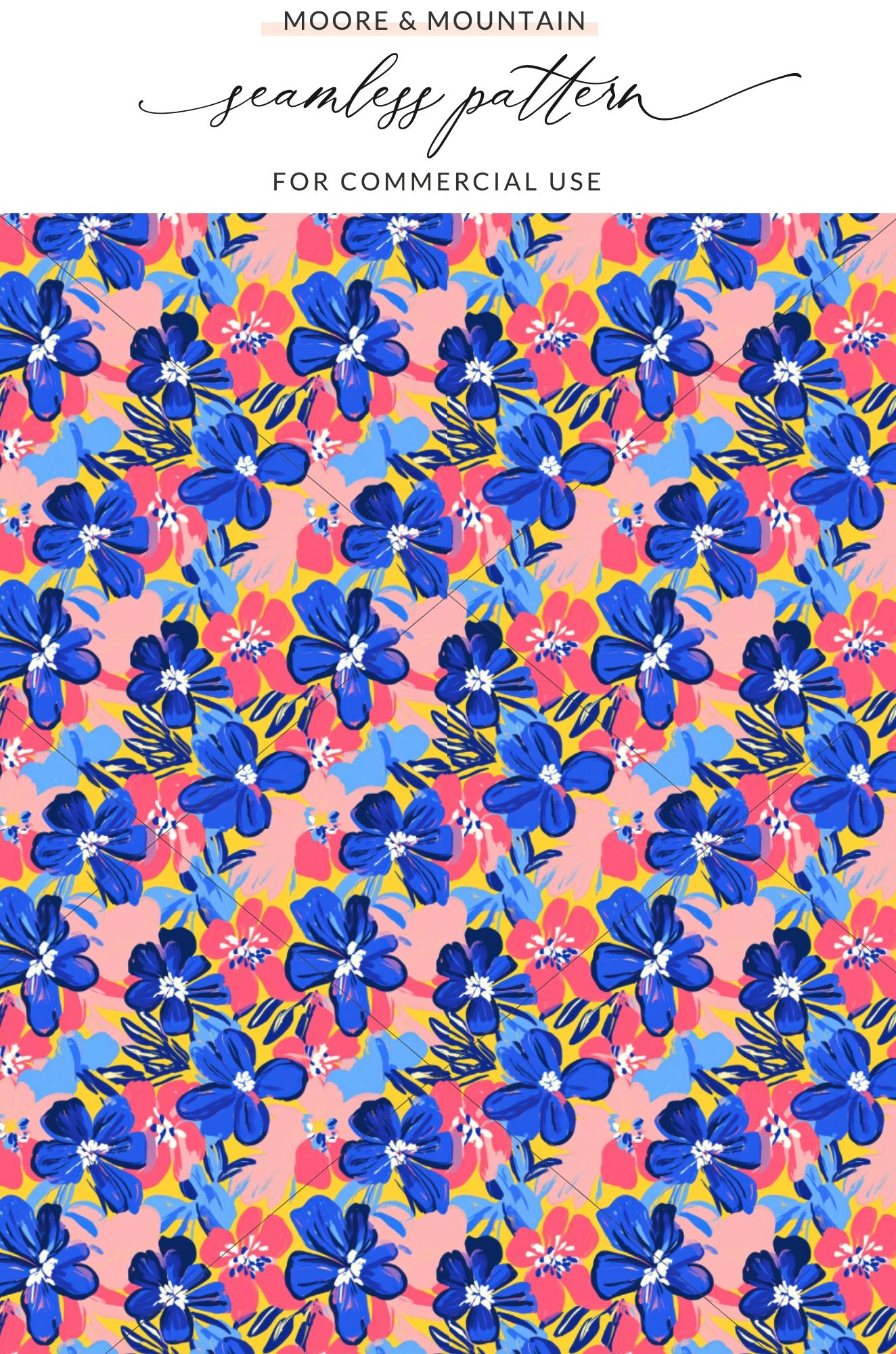 Blue flowers and pink accents on a yellow patterned background.