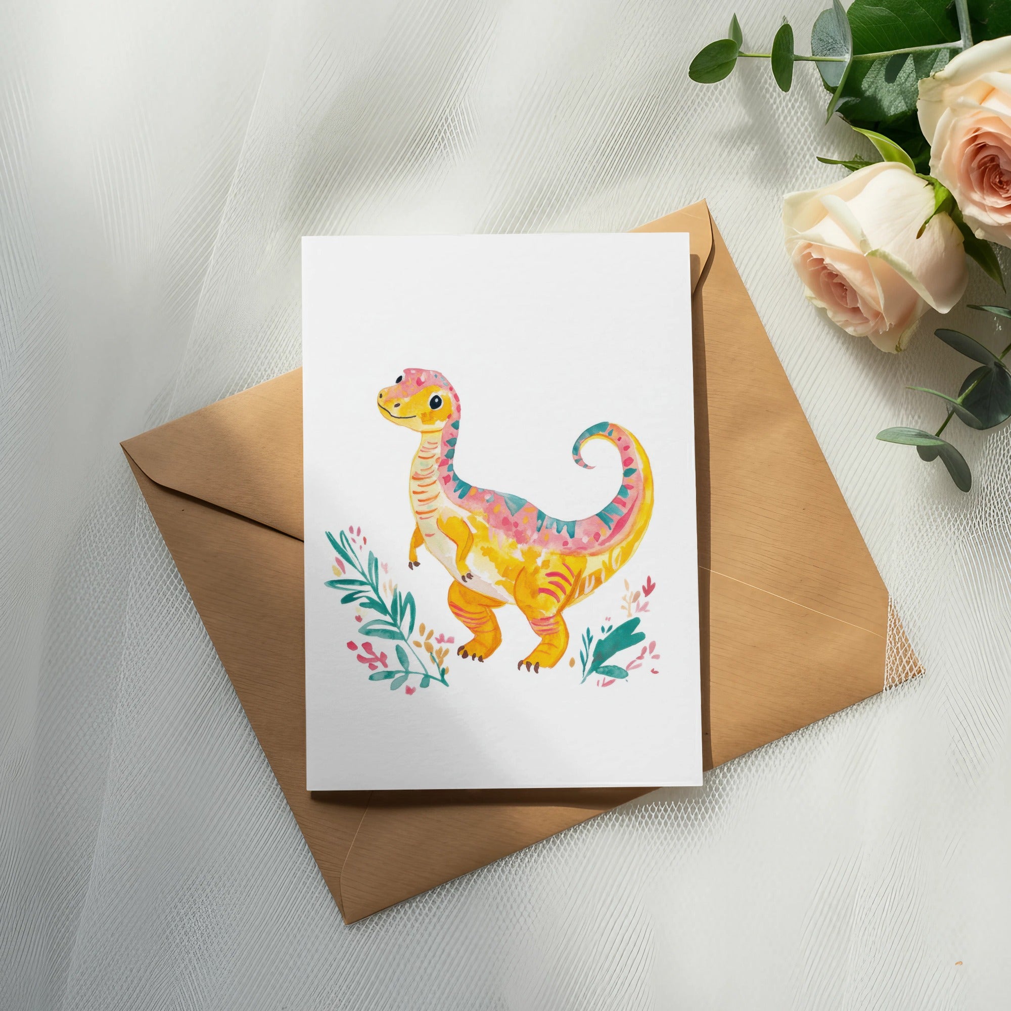 Watercolor dinosaur card with floral accents on a brown envelope.