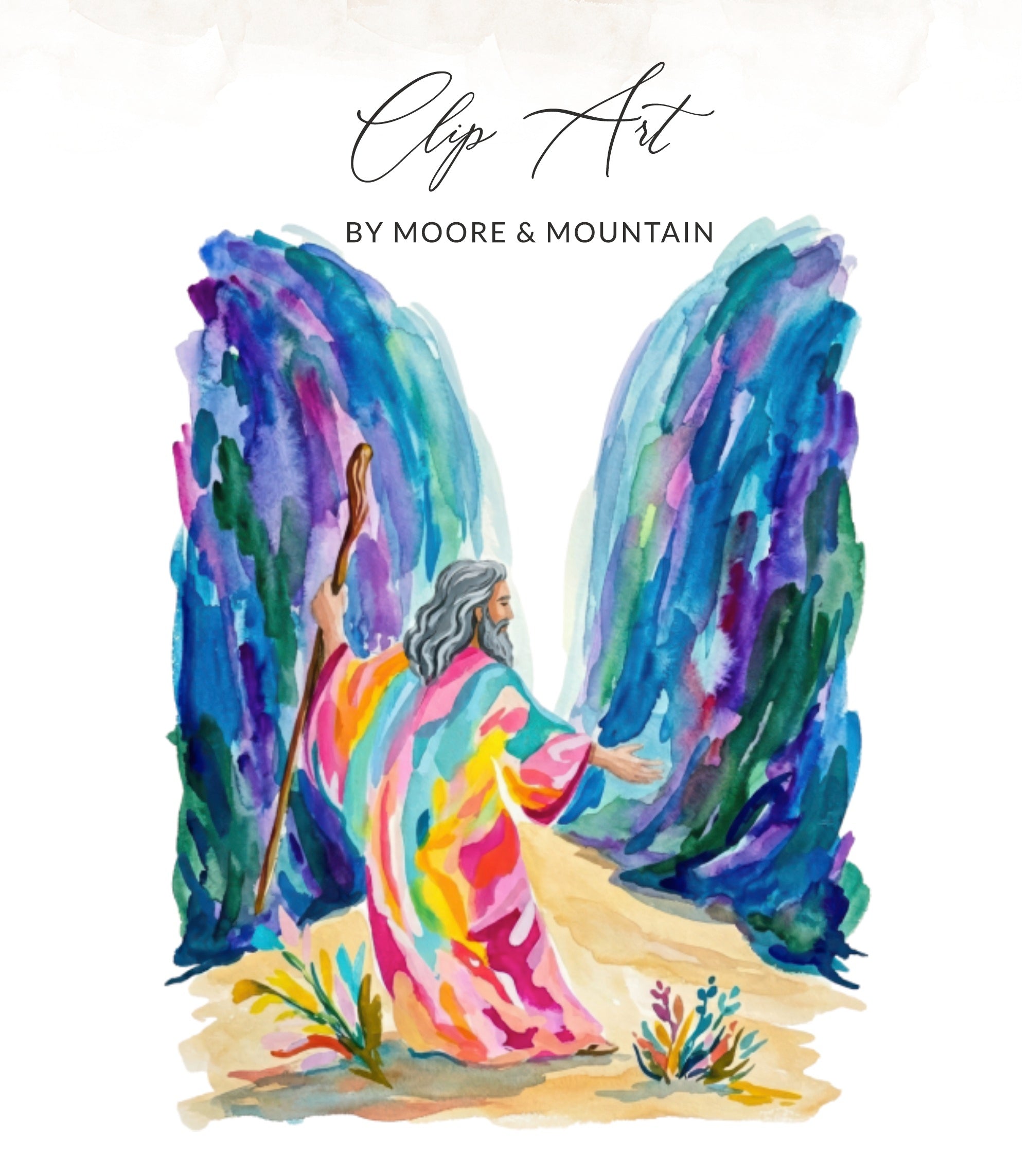 Moses parting the Red Sea with a staff, surrounded by colorful, abstract water.