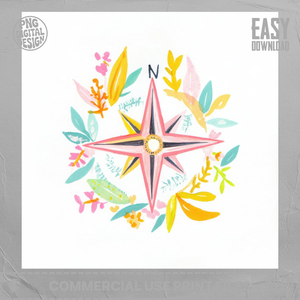 Watercolor compass rose with floral and leaf elements, labeled "N".