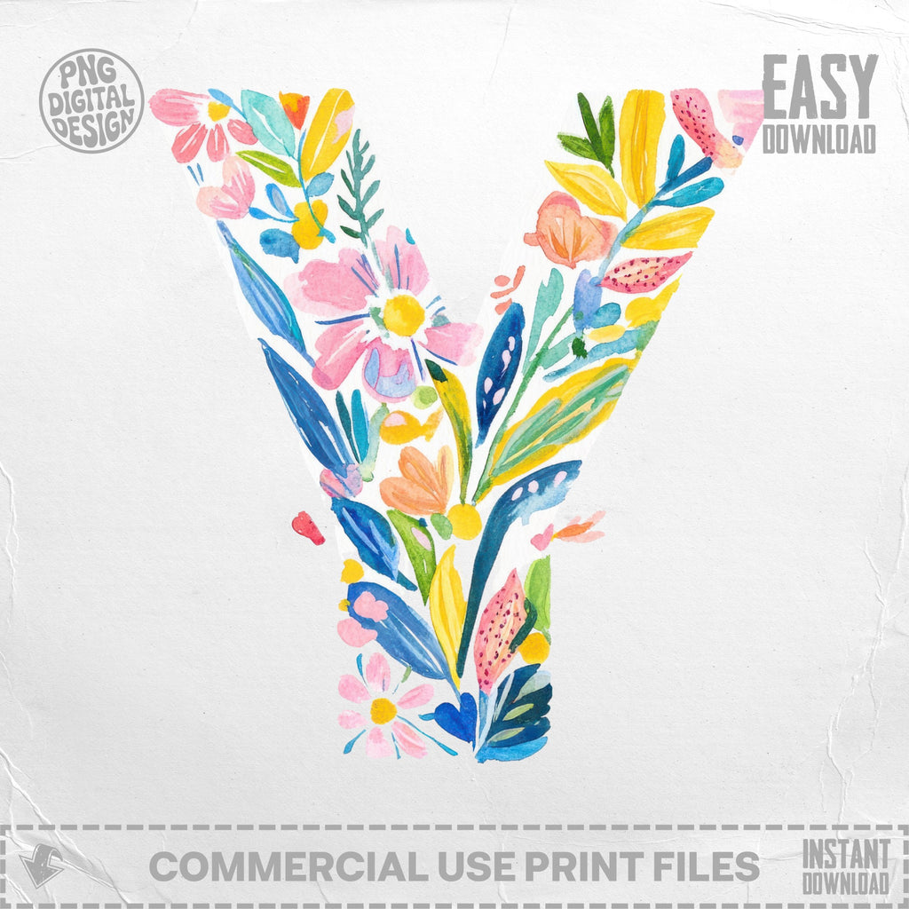 Watercolor letter Y with floral and leaf elements, "Easy Download" text.