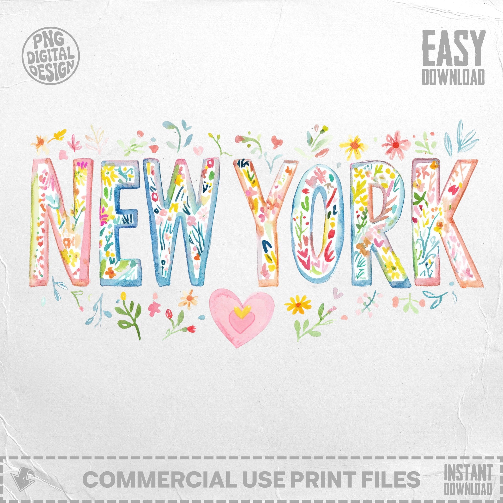 Watercolor "New York" with floral accents and a pink heart.