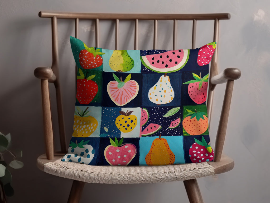 Colorful Fruit Patchwork Pattern on Couch Pillow