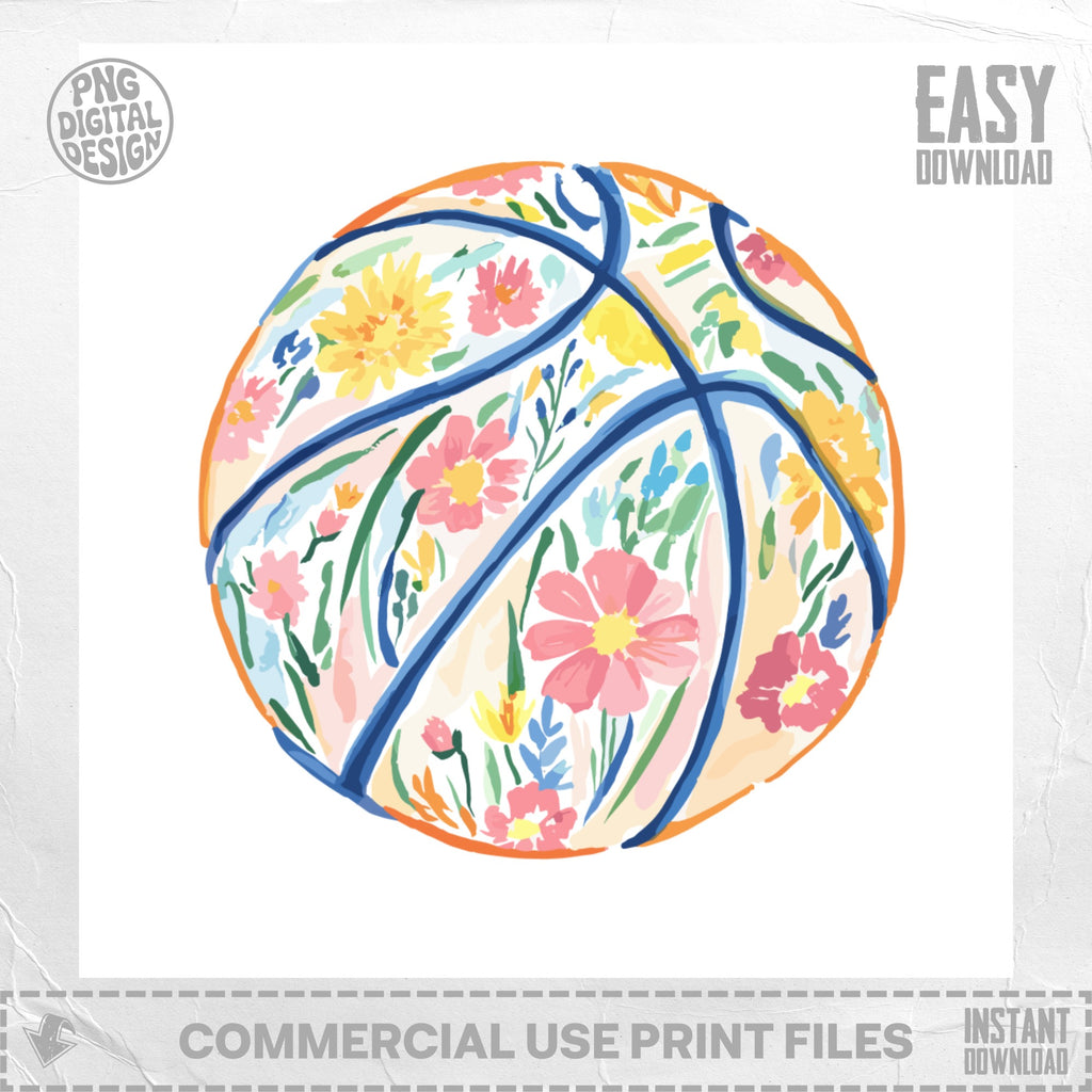 Floral painted basketball with "PNG DIGITAL DESIGN" and "EASY DOWNLOAD".