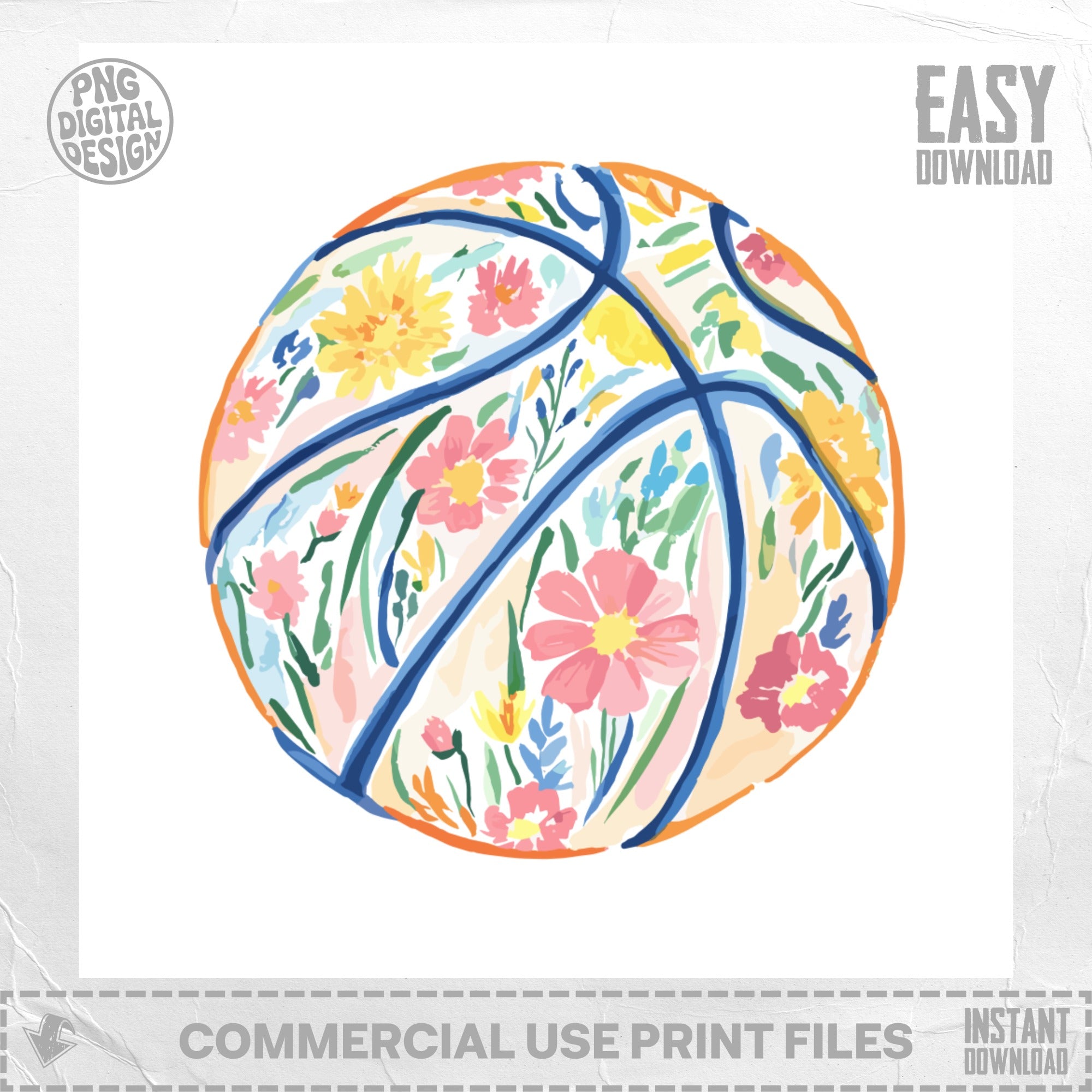 Floral painted basketball with "PNG DIGITAL DESIGN" and "EASY DOWNLOAD".