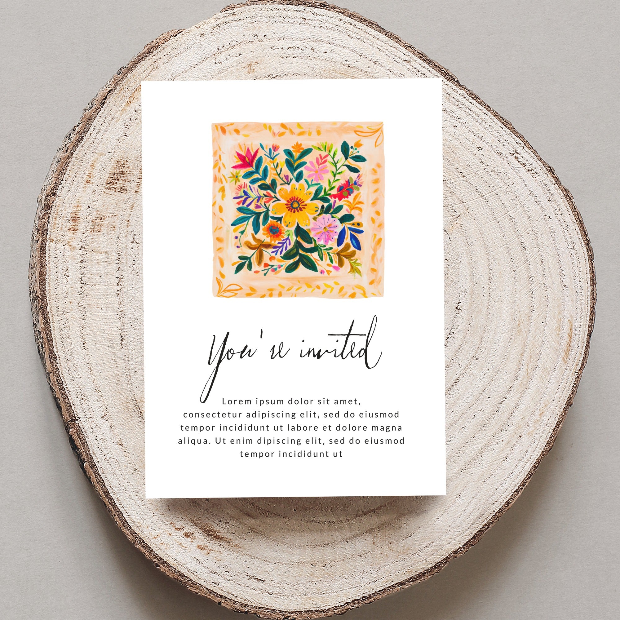 Invitation card with floral design and "You're invited" text.