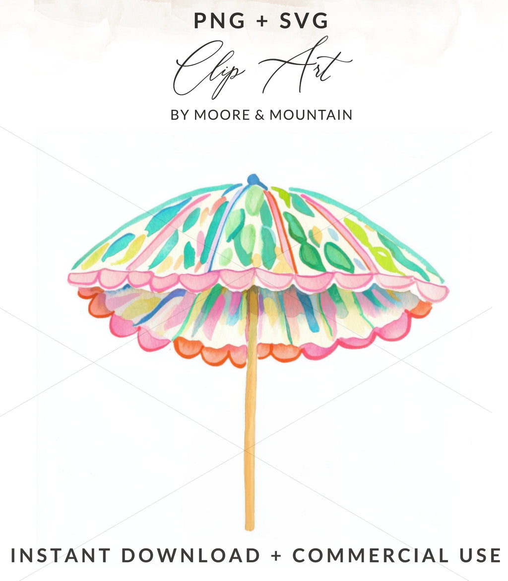 Watercolor beach umbrella with colorful stripes and floral accents.
