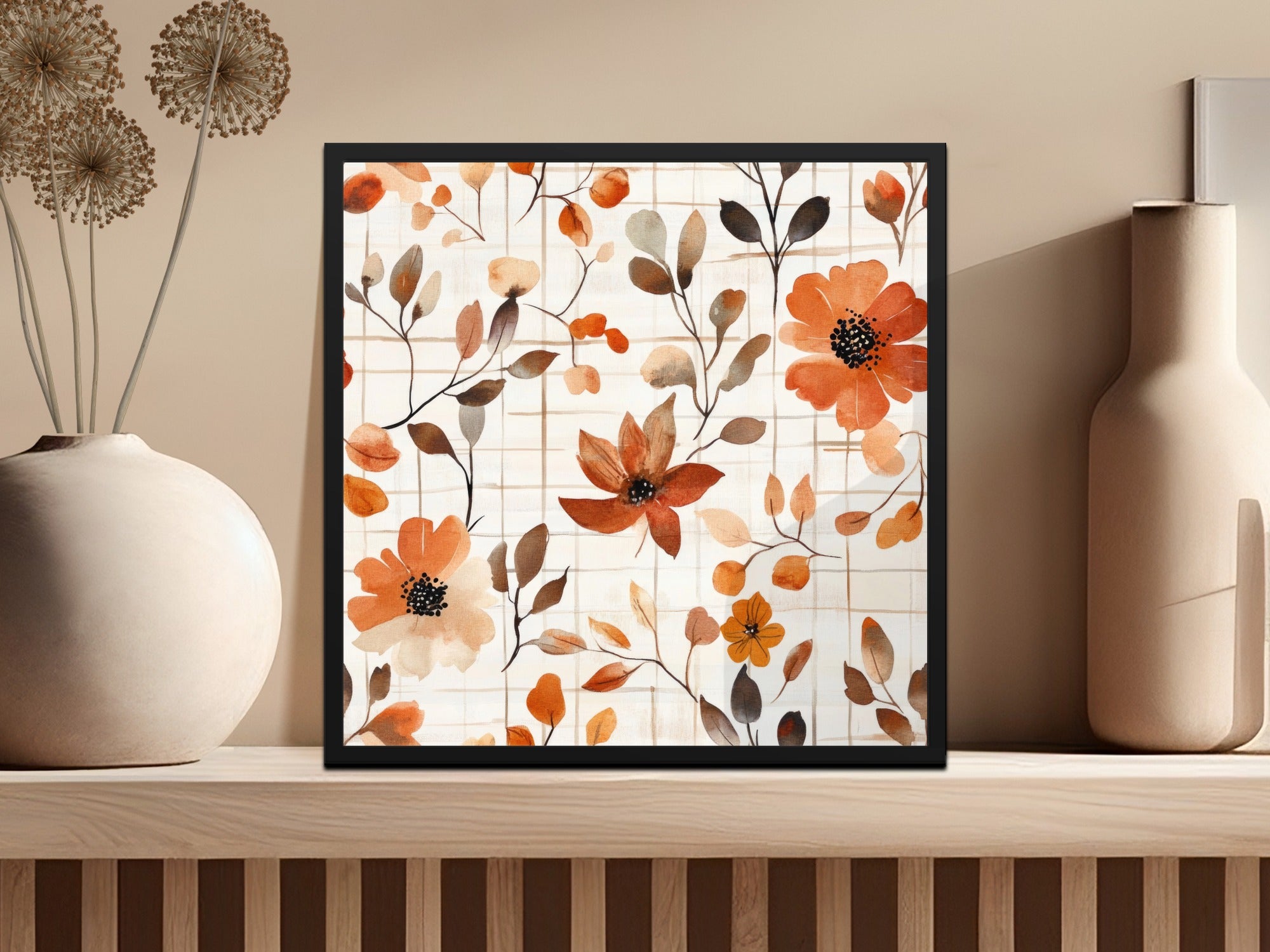 Floral Pattern Wall Art with Autumn Tones in Frame