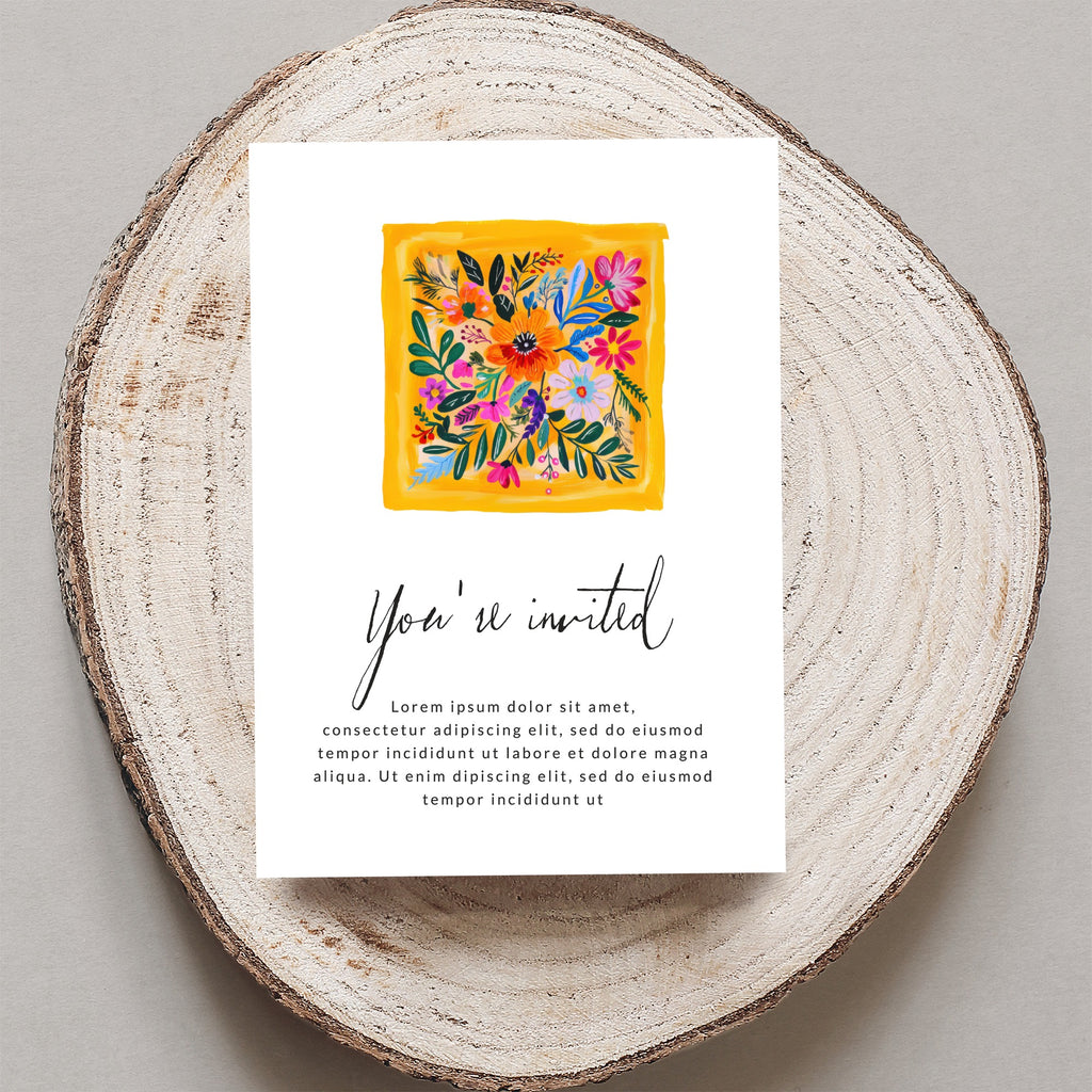 Invitation card with floral art and "You're invited" text.