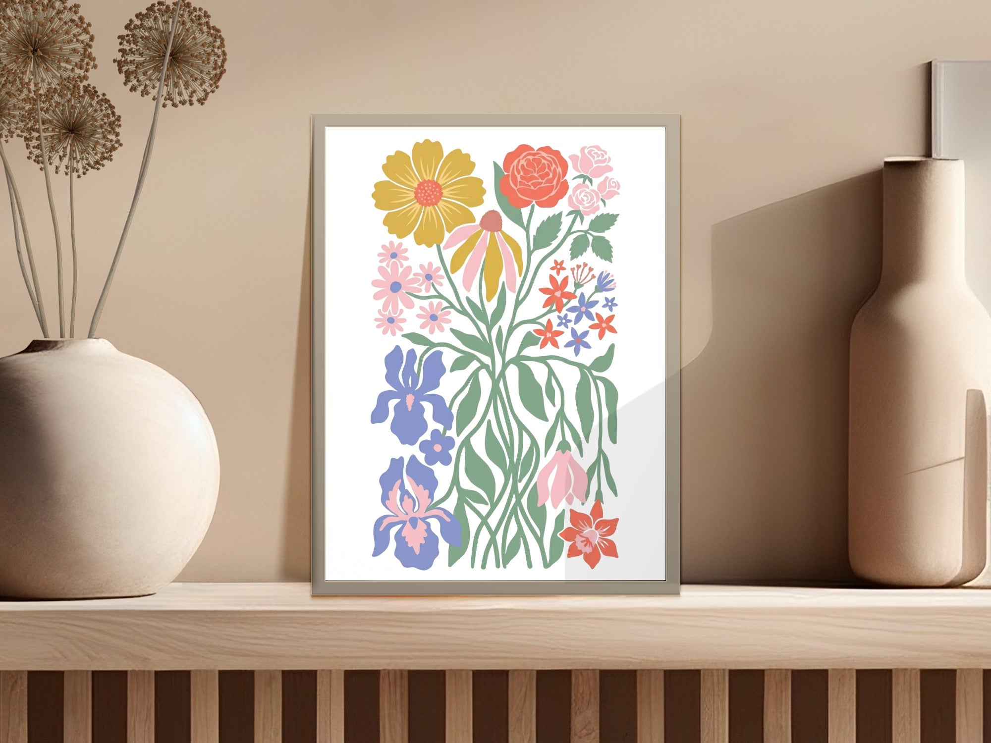 Colorful floral illustration on light background with vase and decor.