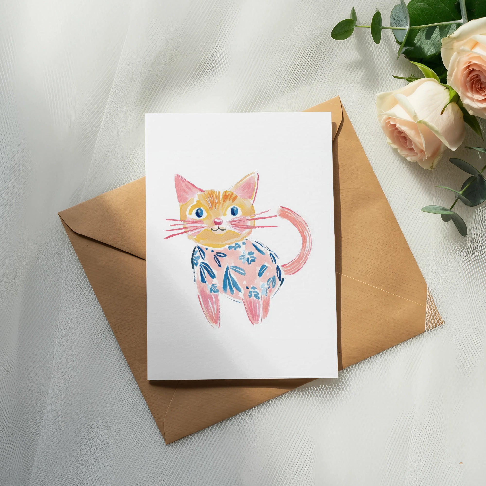 Watercolor painting of a whimsical orange cat with a blue floral shirt on a card.