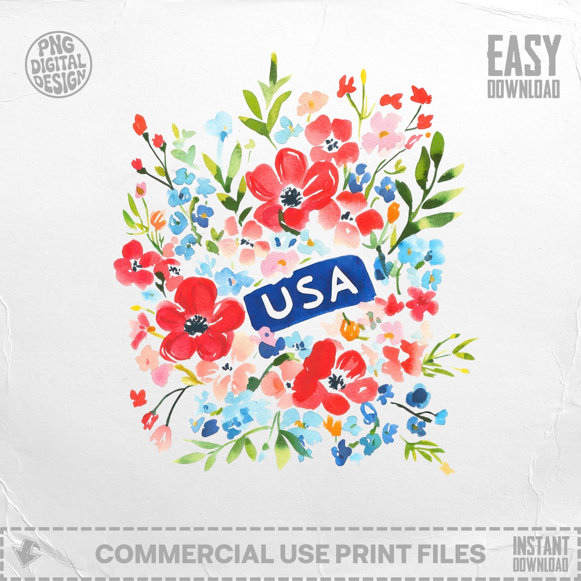 Watercolor floral arrangement with "USA" text in the center.