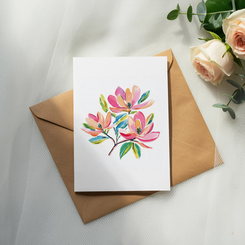 Card with watercolor flowers resting on a brown envelope with roses.