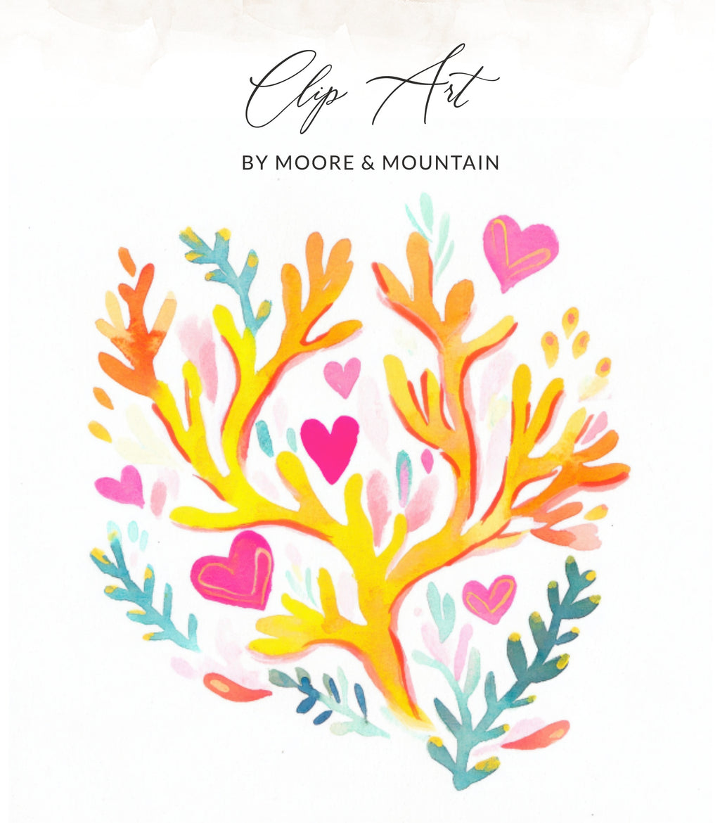 Coral-like branching artwork with hearts and leaves in bright colors.