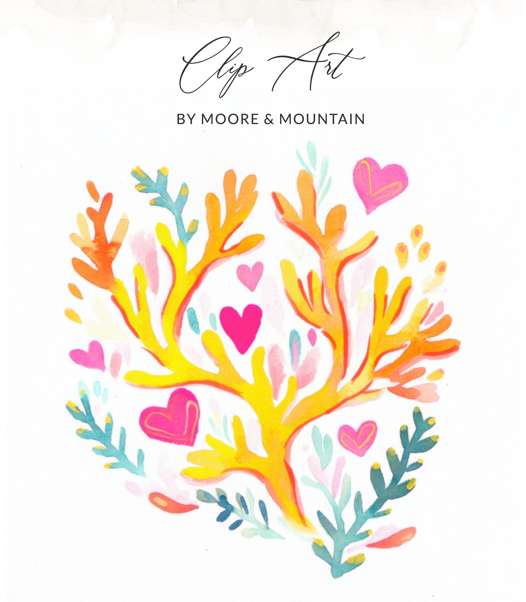 Coral-like branching artwork with hearts and leaves in bright colors.