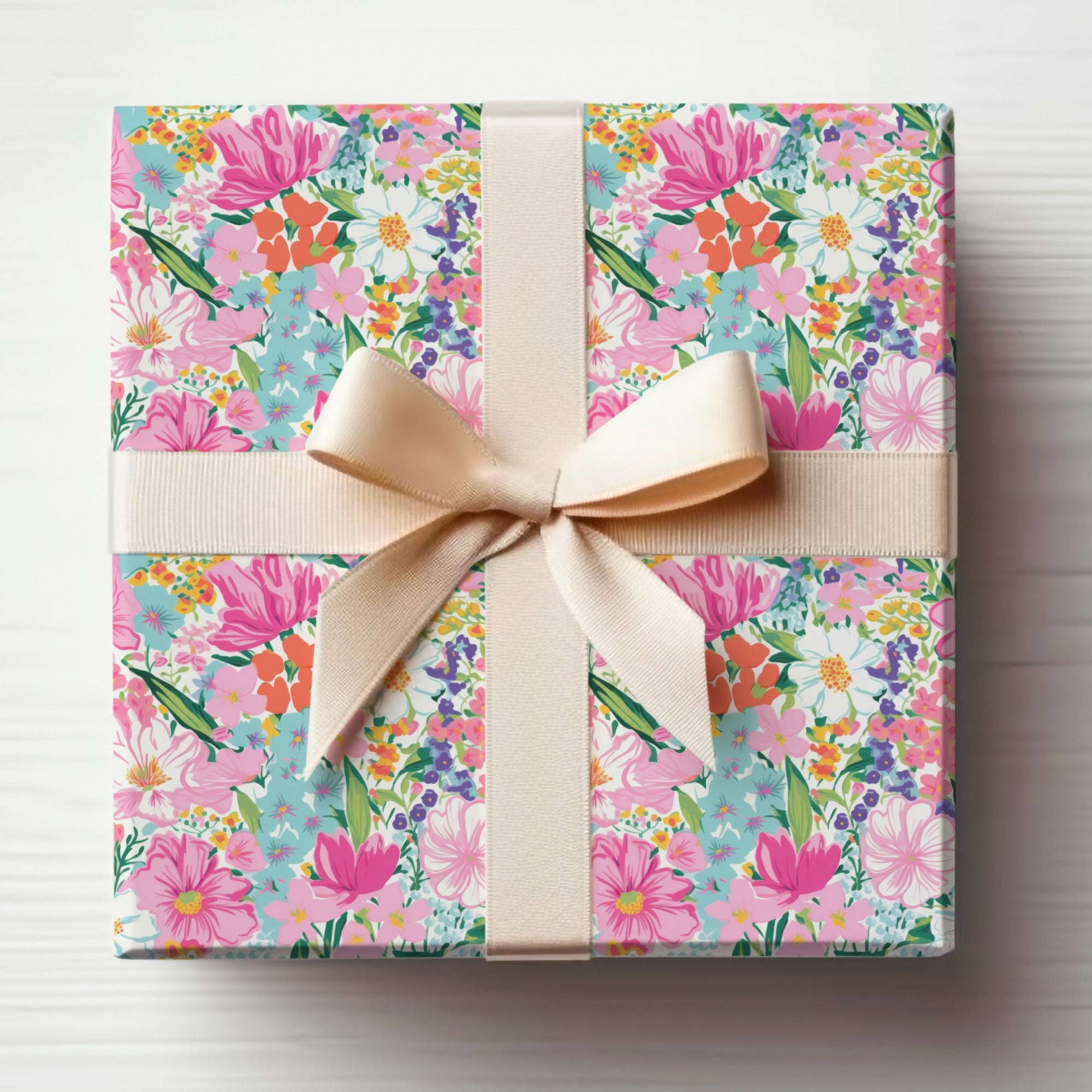 Vibrant Floral Gift Wrap with Pink Ribbon for All Occasions