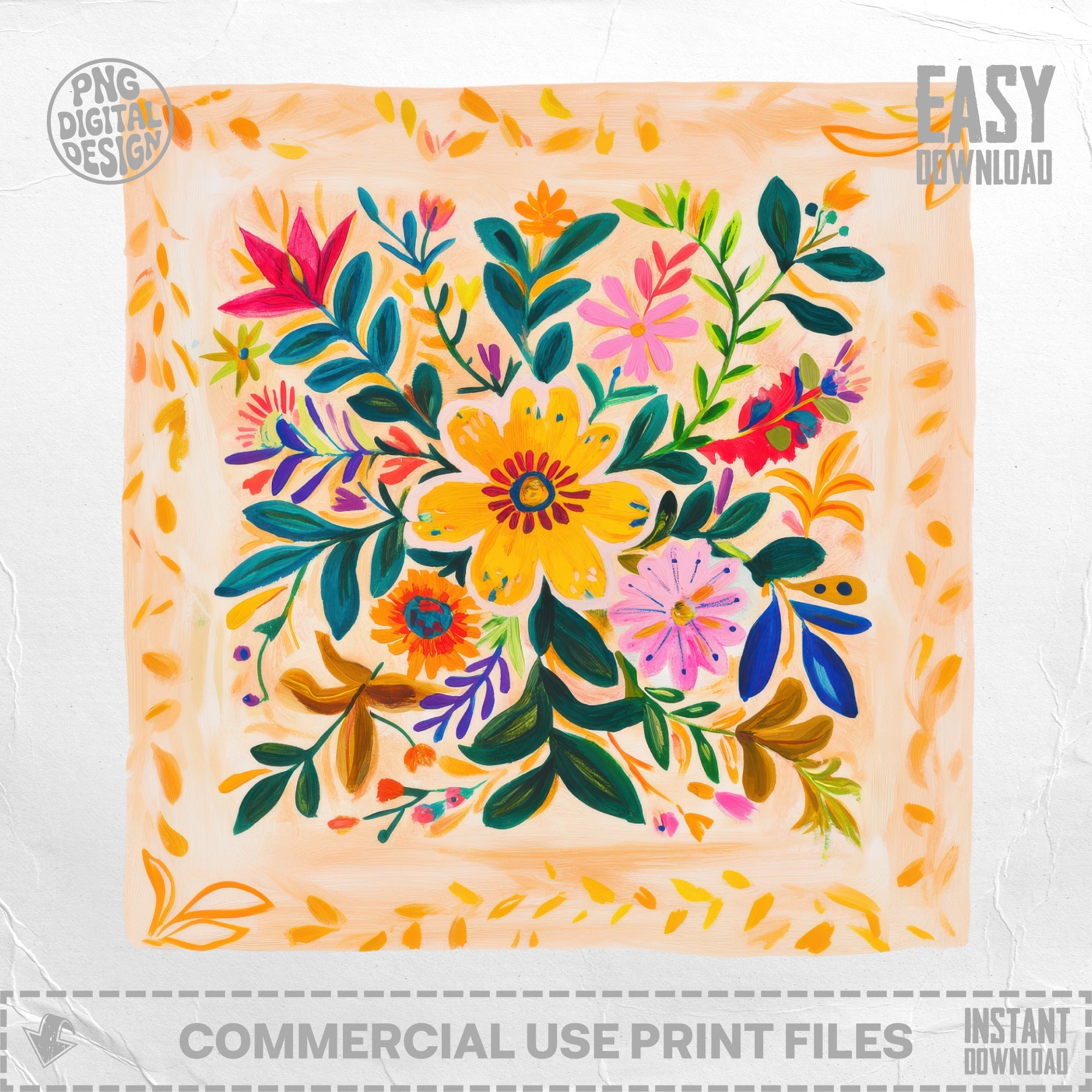 Colorful floral pattern with a yellow flower center on a light orange background.