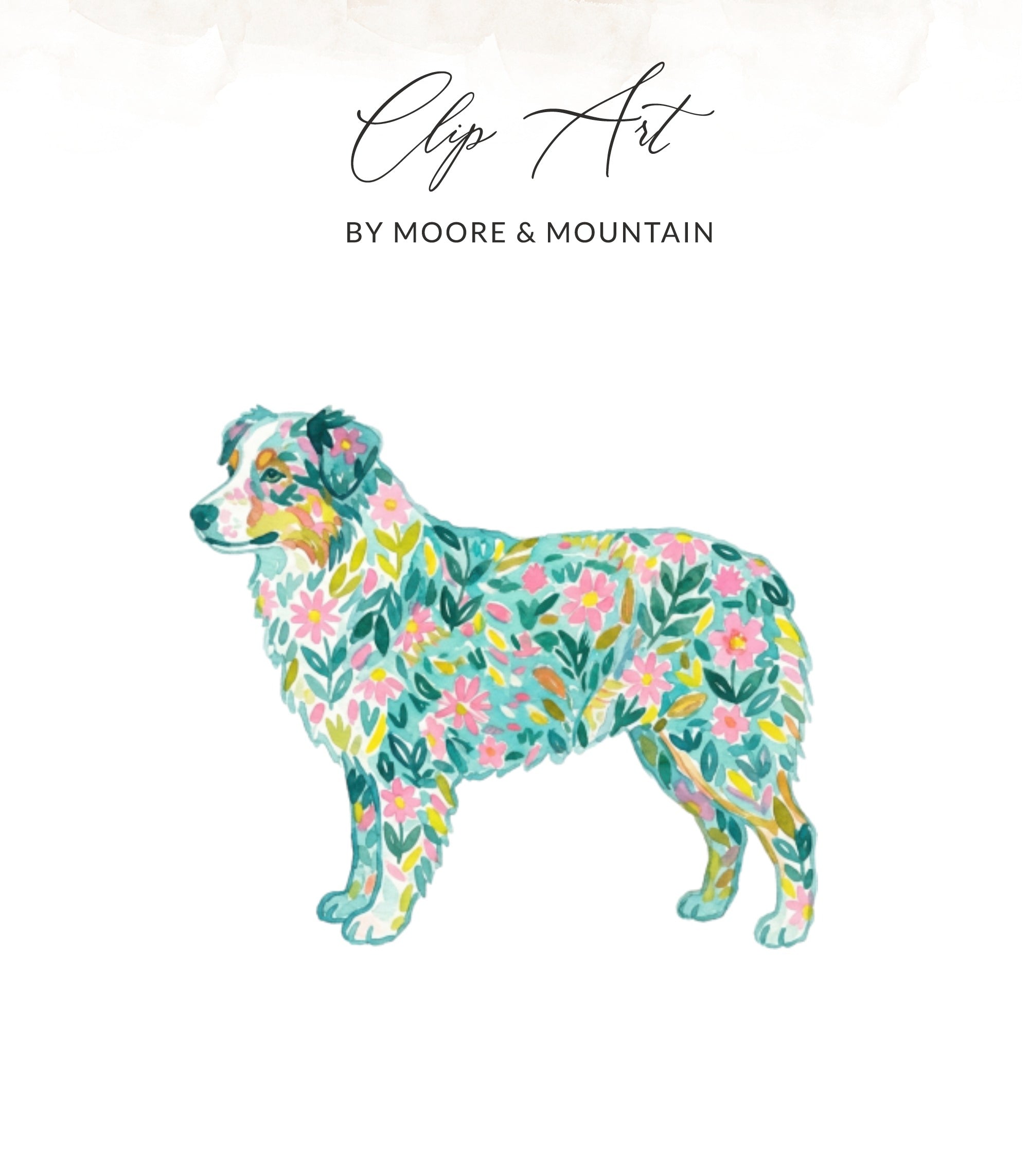 Watercolor Australian Shepherd with floral pattern.