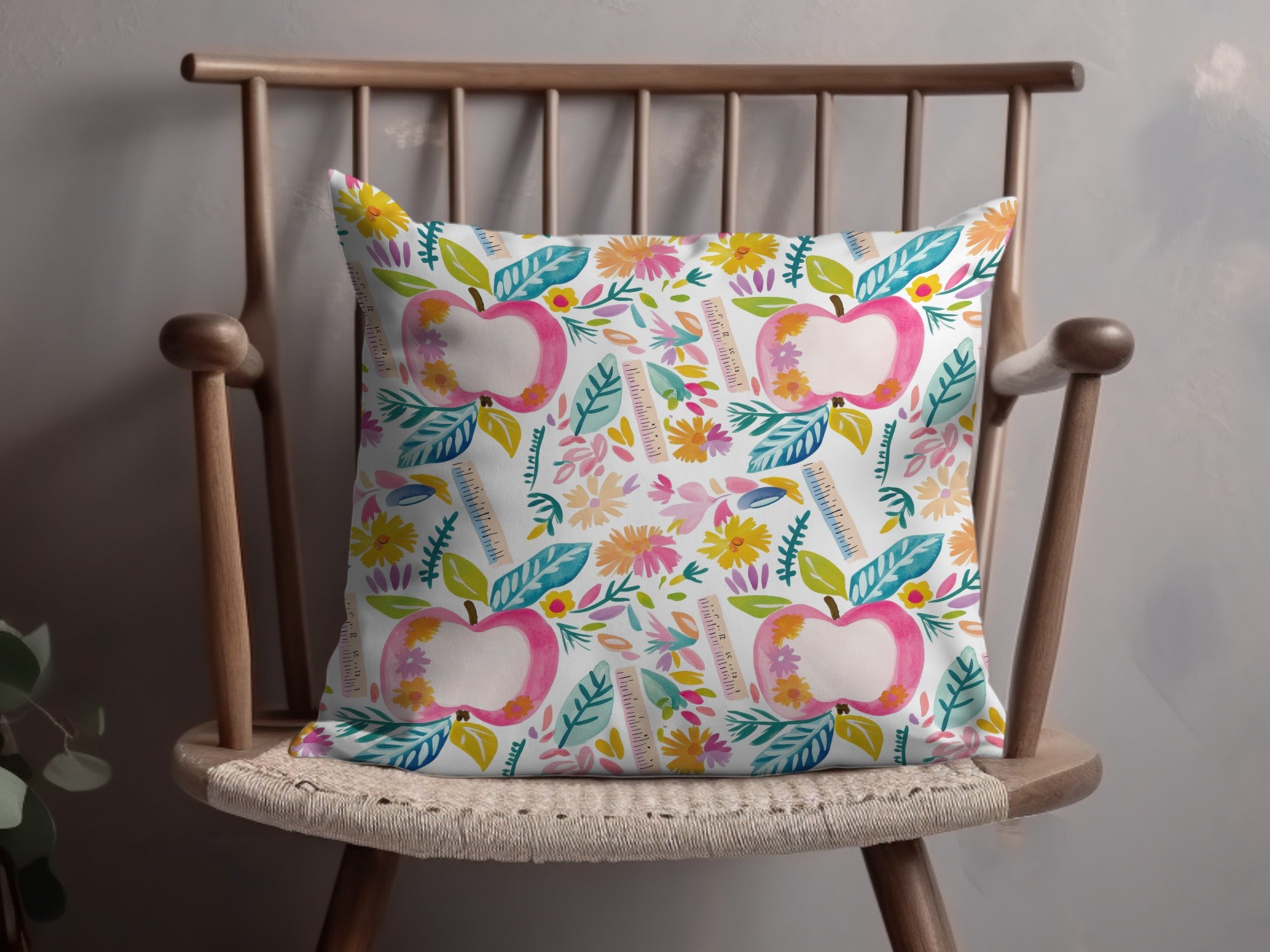 Vibrant Floral and Apple Pattern Decorative Pillow