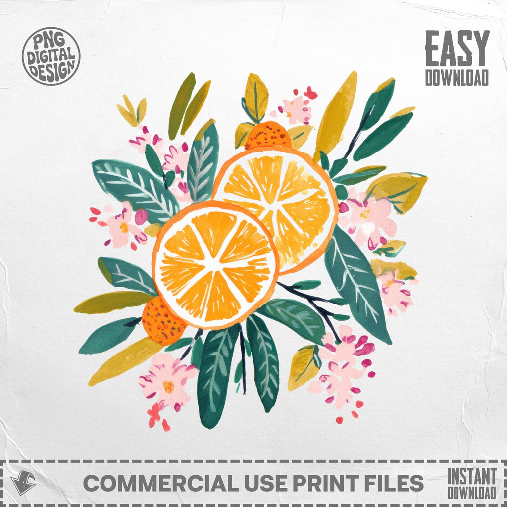 Oranges with leaves and pink flowers, "Easy Download" and "Commercial Use Print Files".