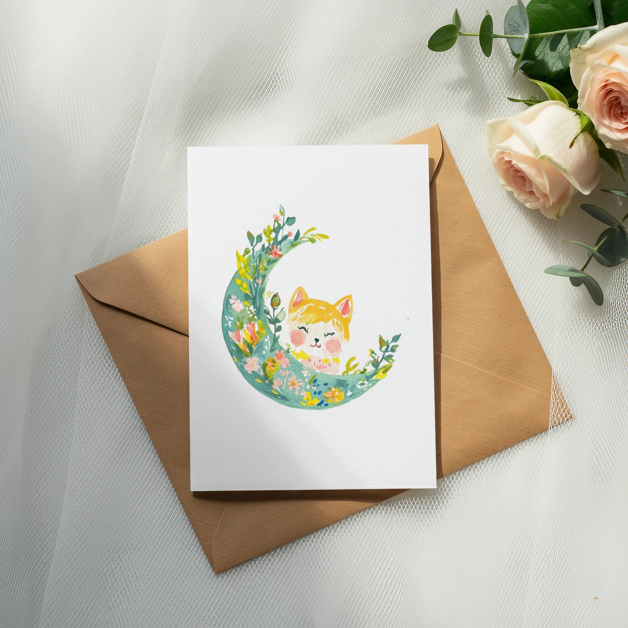 Card with a whimsical cat illustration on a crescent moon with floral accents.