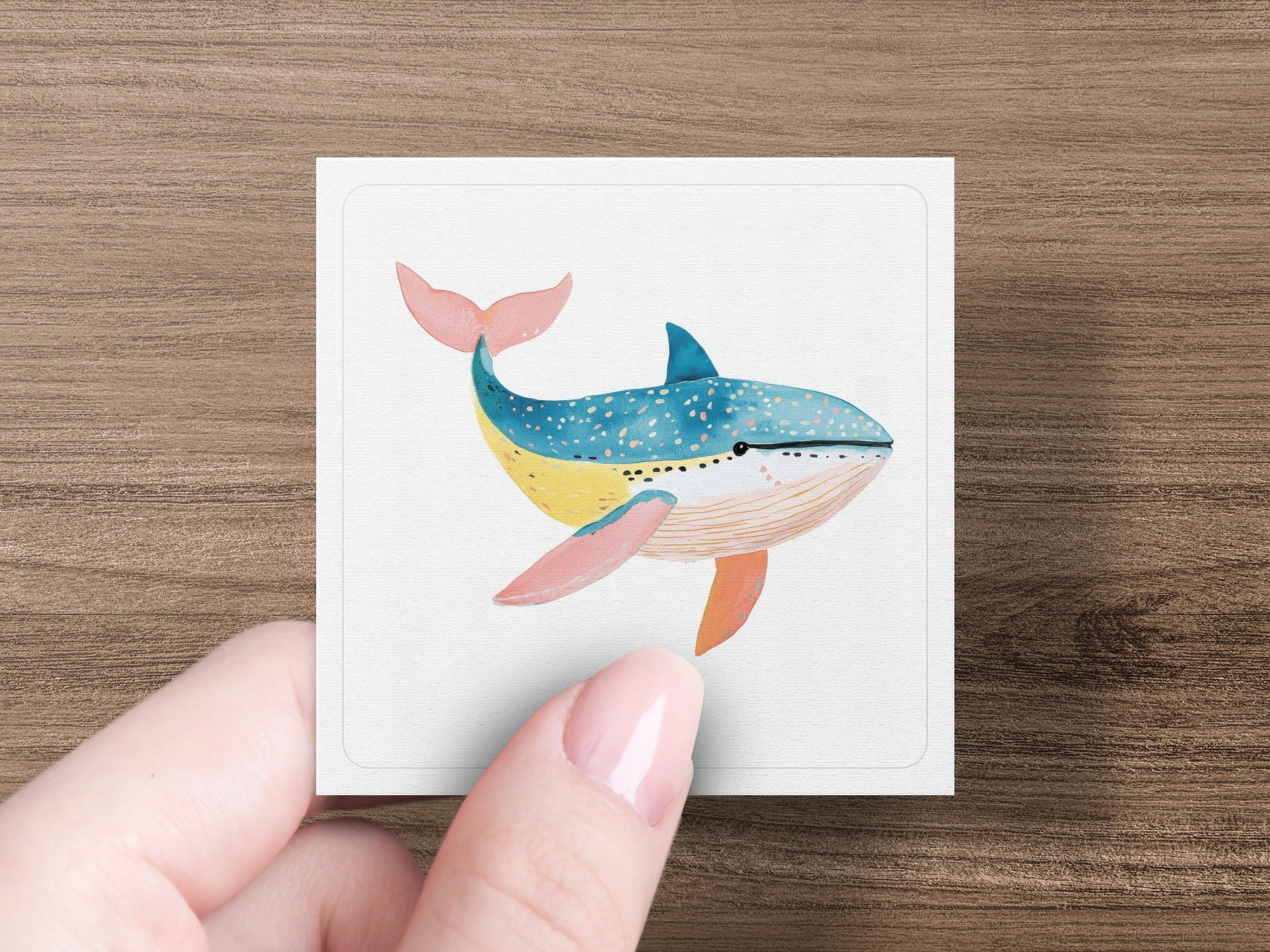 Whimsical watercolor whale illustration with blue body and pink fins on a white card.