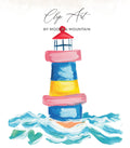 Watercolor lighthouse in blue, yellow, and pink, surrounded by waves.