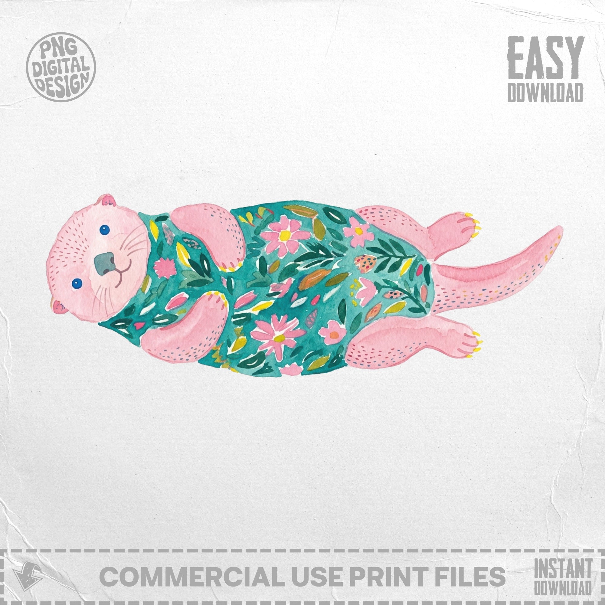 Watercolor illustration of a pink otter wearing a floral green shirt, with "Easy Download" text.