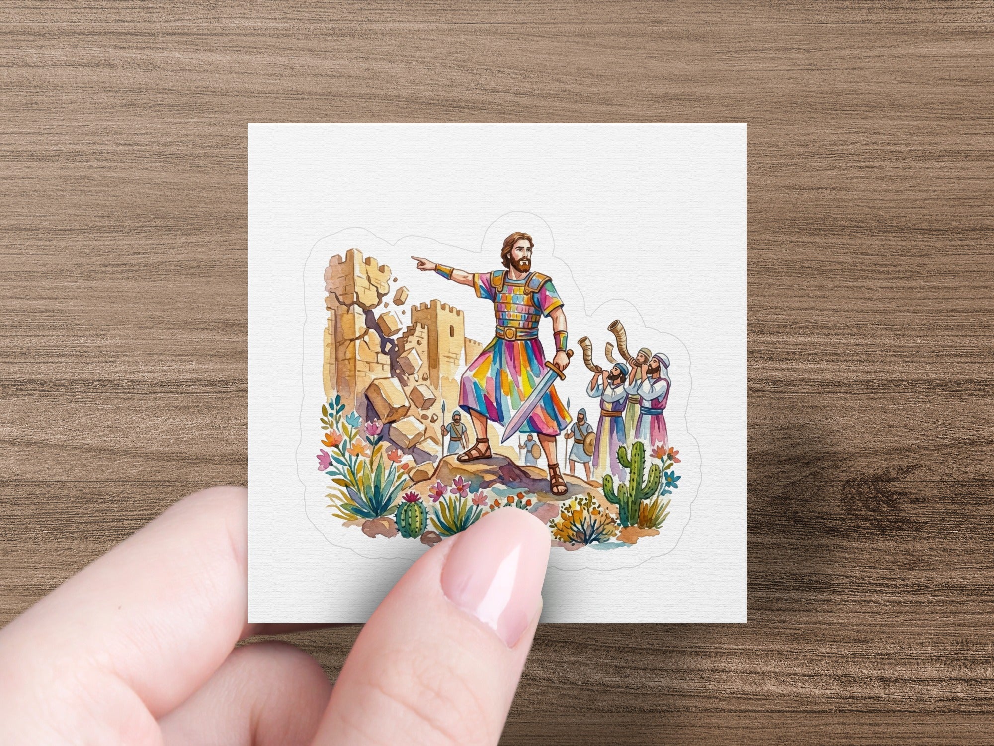 Man in ornate armor points toward crumbling stone wall, holding sword, with others and trumpets.