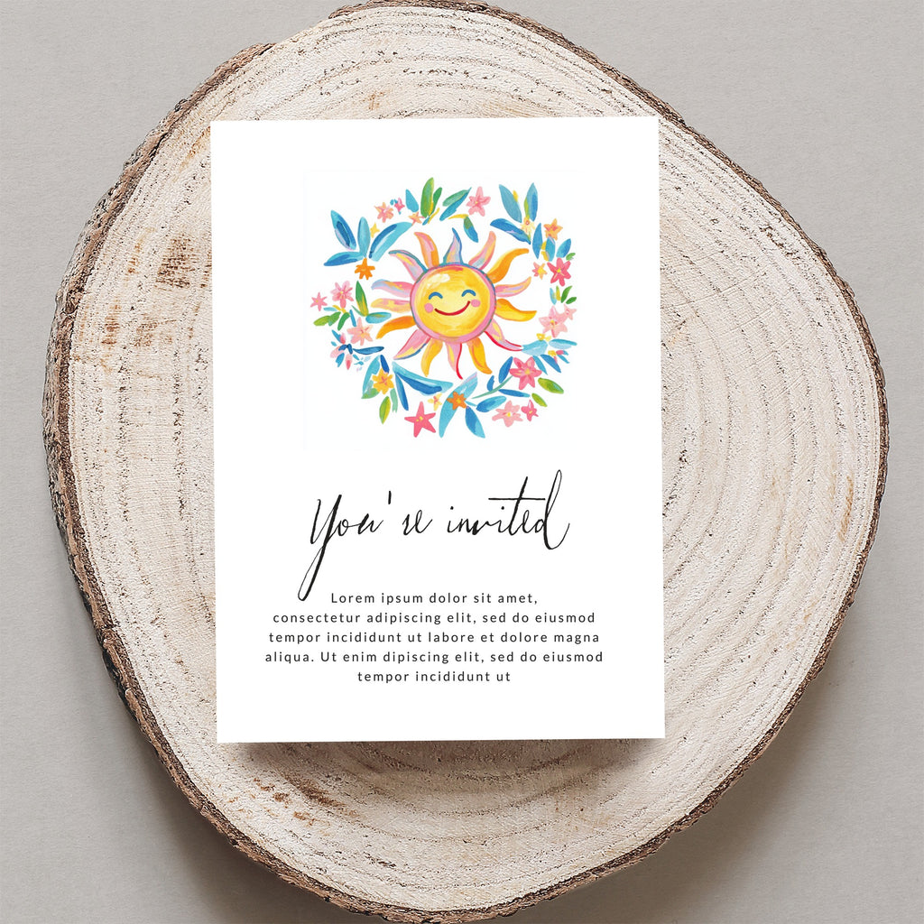 Invitation card with smiling sun illustration and "You're invited" text.