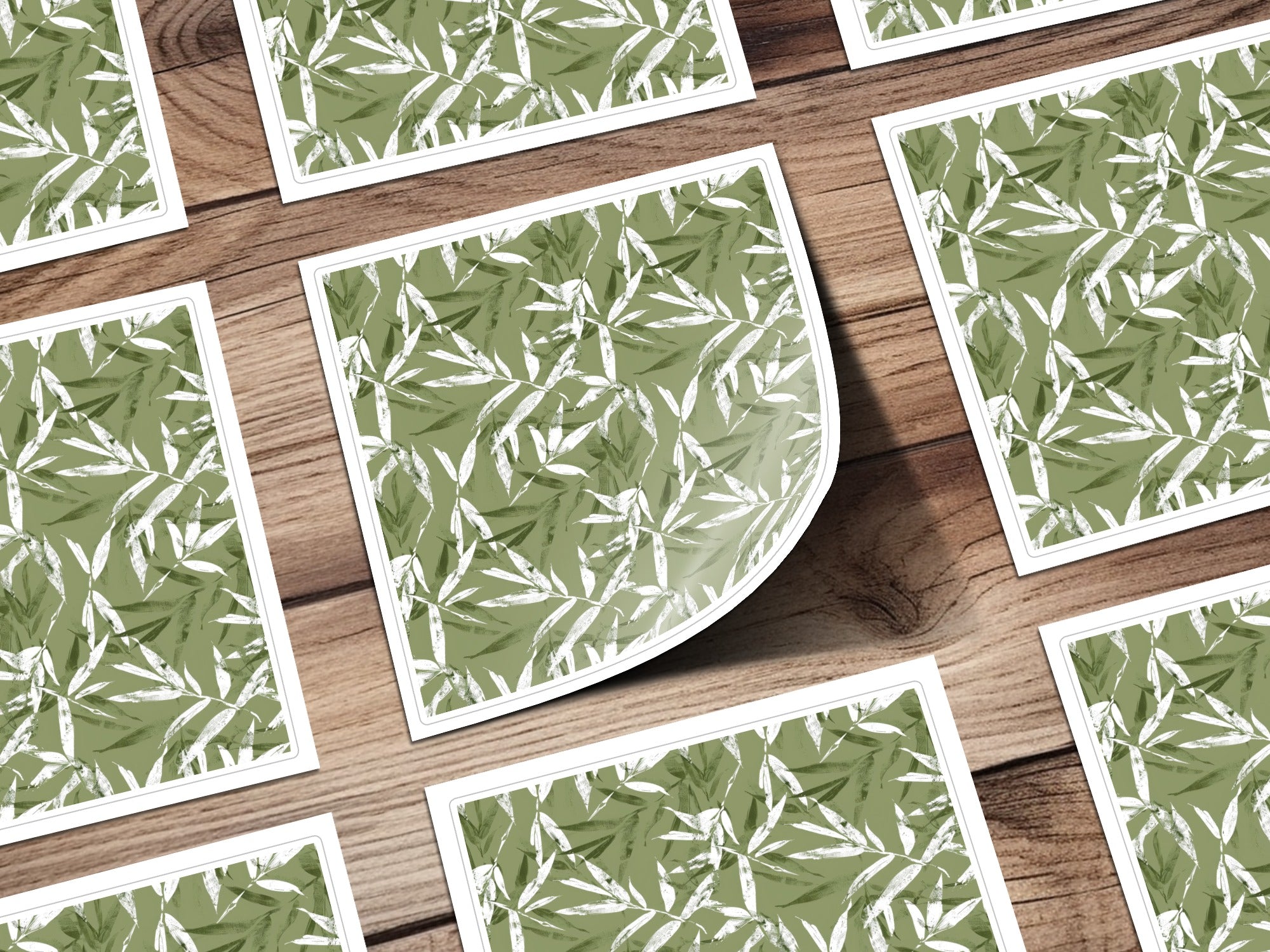 Green and White Bamboo Pattern Square Sticker Set