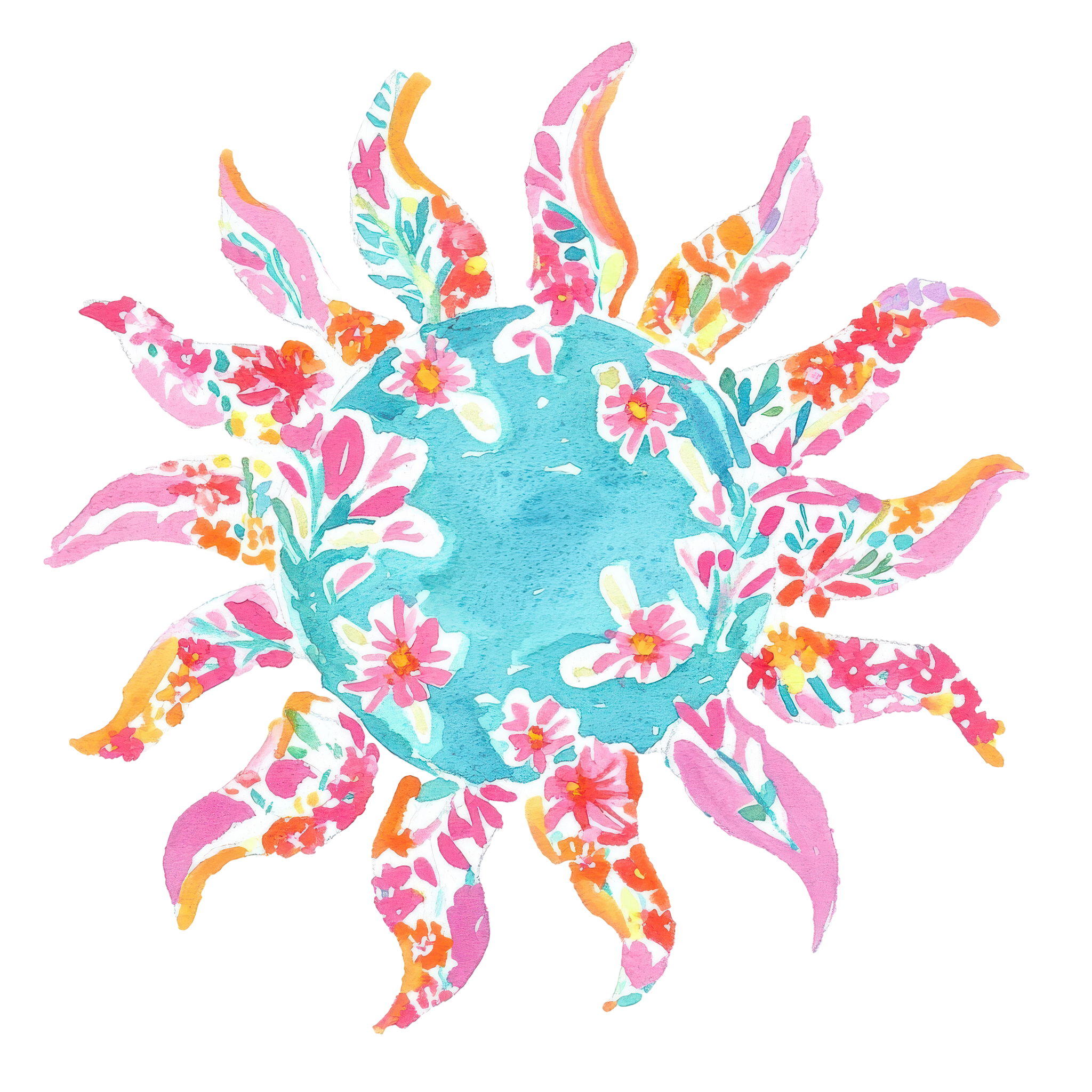 Watercolor sun with floral patterns and a blue globe center.