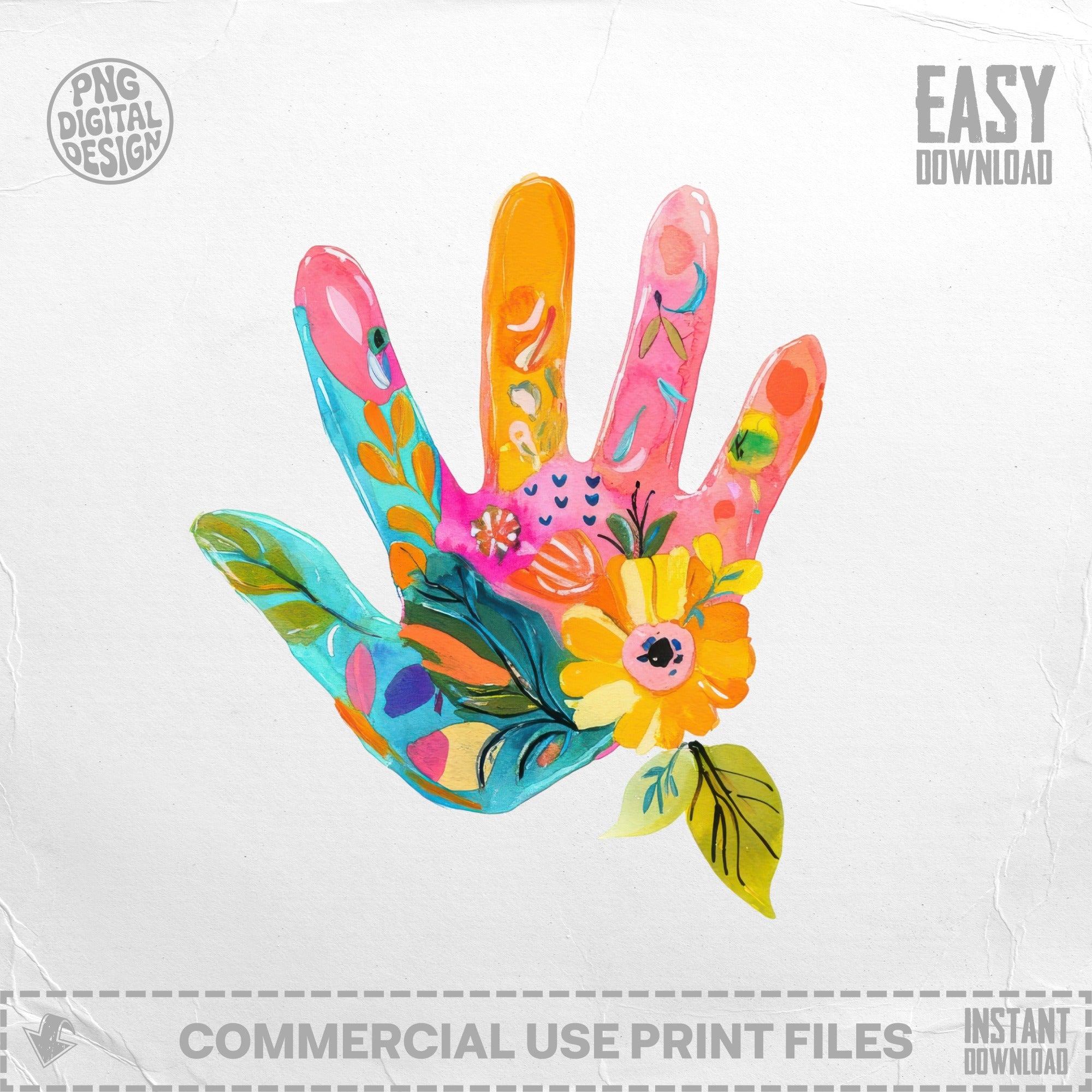 Colorful handprint with floral and abstract designs, "Easy Download" text.