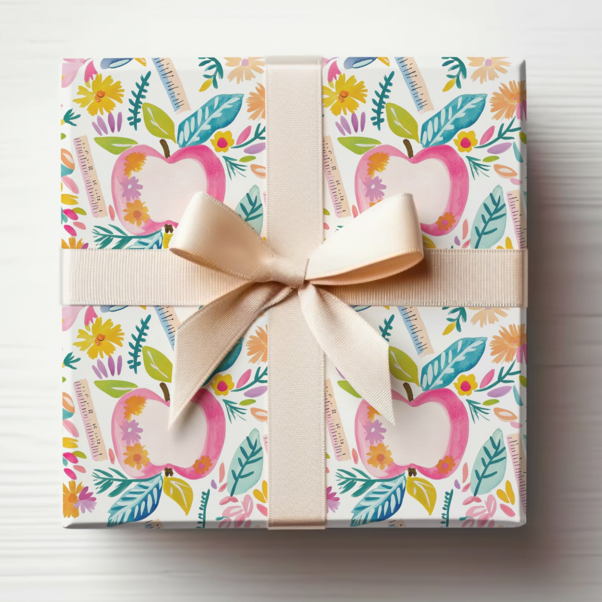Floral Apples and Rulers Gift Wrap with Beige Ribbon