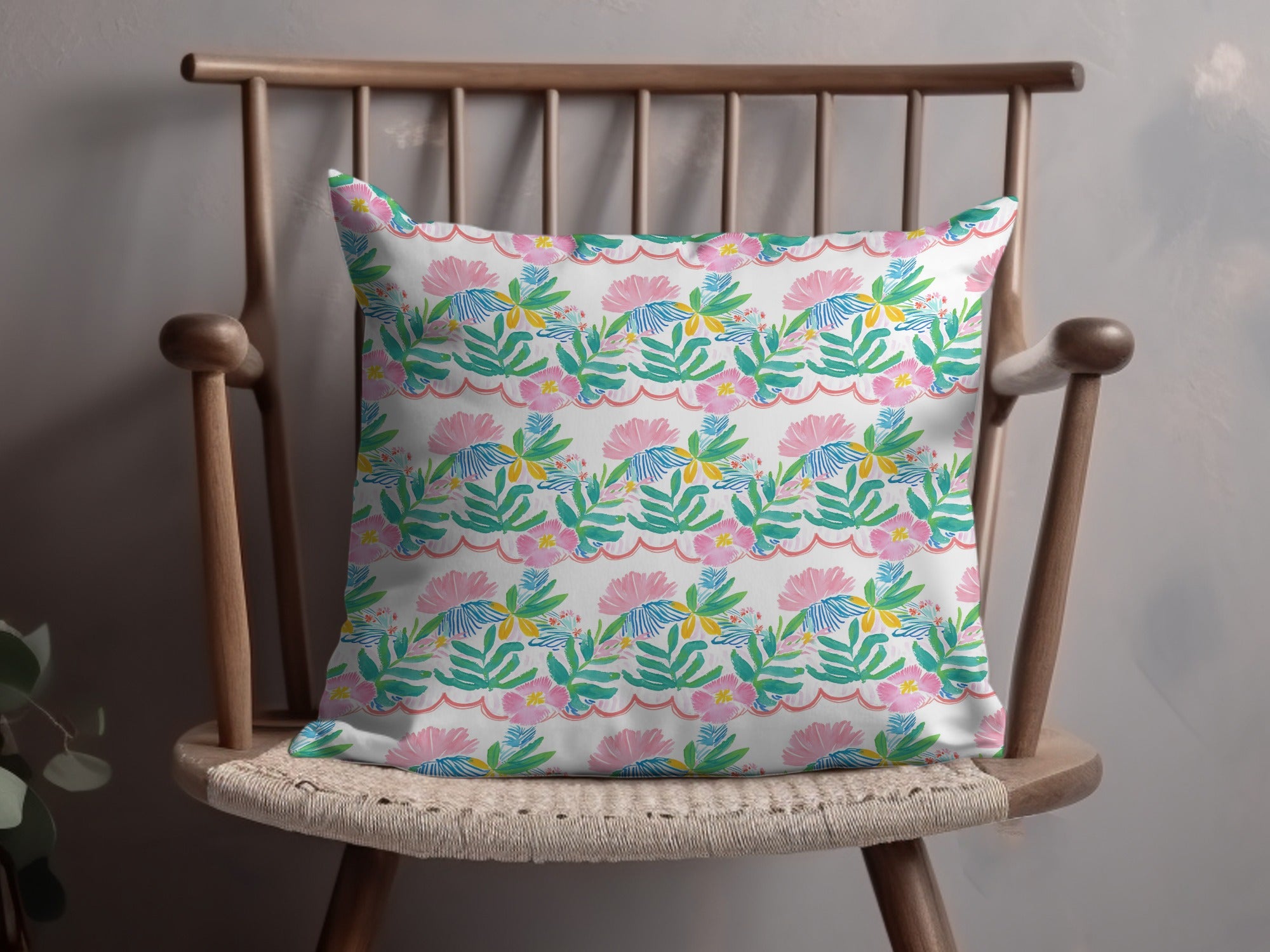 Vibrant Watercolor Floral Design Pink Flowers Scalloped product type
Cushion, Pillow, Home Decor, Floral, Botanical, Watercolor, Scalloped, Pattern, Vibrant, Colorful, Artistic, Design, Modern, Bright, Cheerful, Pink, Green, Blue, Yellow, Multi-color