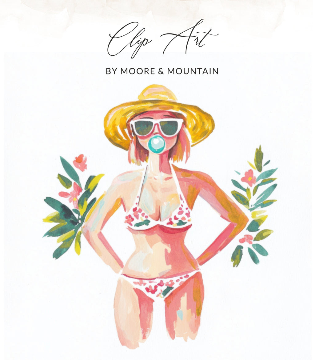 Woman in floral bikini and straw hat with pacifier and foliage.