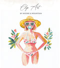 Woman in floral bikini and straw hat with pacifier and foliage.