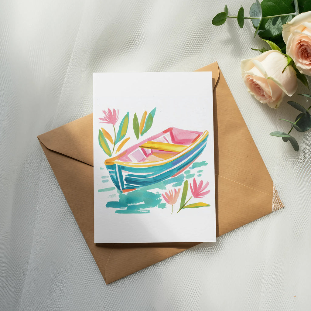 Watercolor painting of a teal and pink rowboat with flowers on a white card.