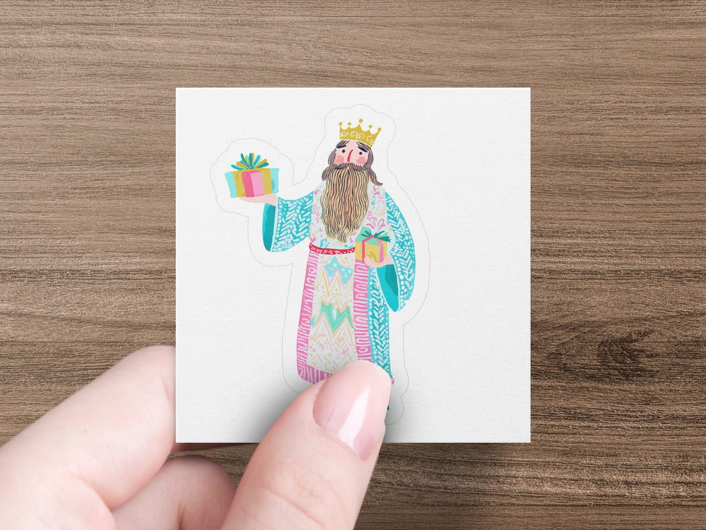 Illustration of a king holding two gift boxes.