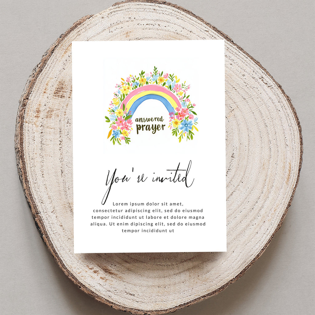 Invitation with rainbow, "answered prayer," and "you're invited" text.